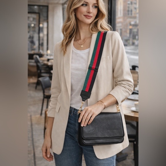 Ah-Dorned Handbags - NWOT Ah-Dorned Black Vegan Leather Crossbody Bag Red Green Stripe Guitar Strap